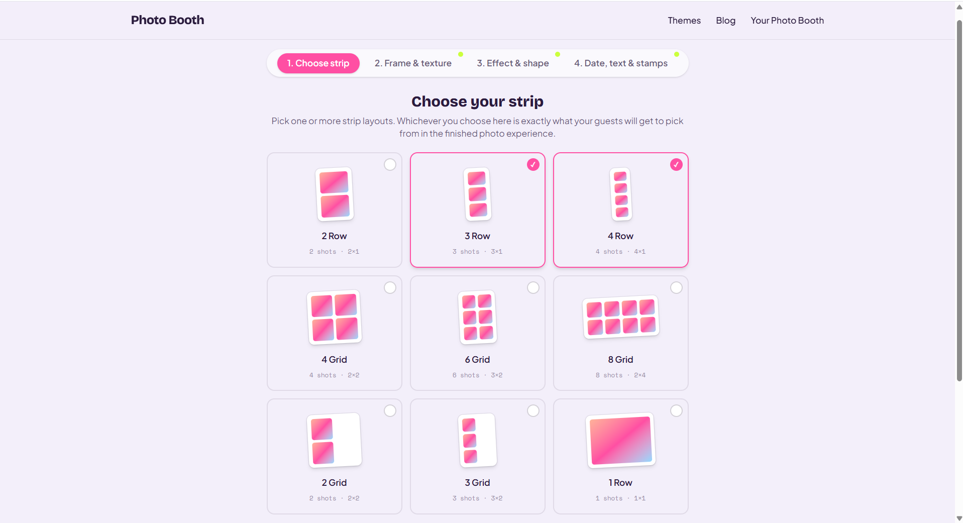 Choosing a photo strip layout in the create your own photo booth wizard