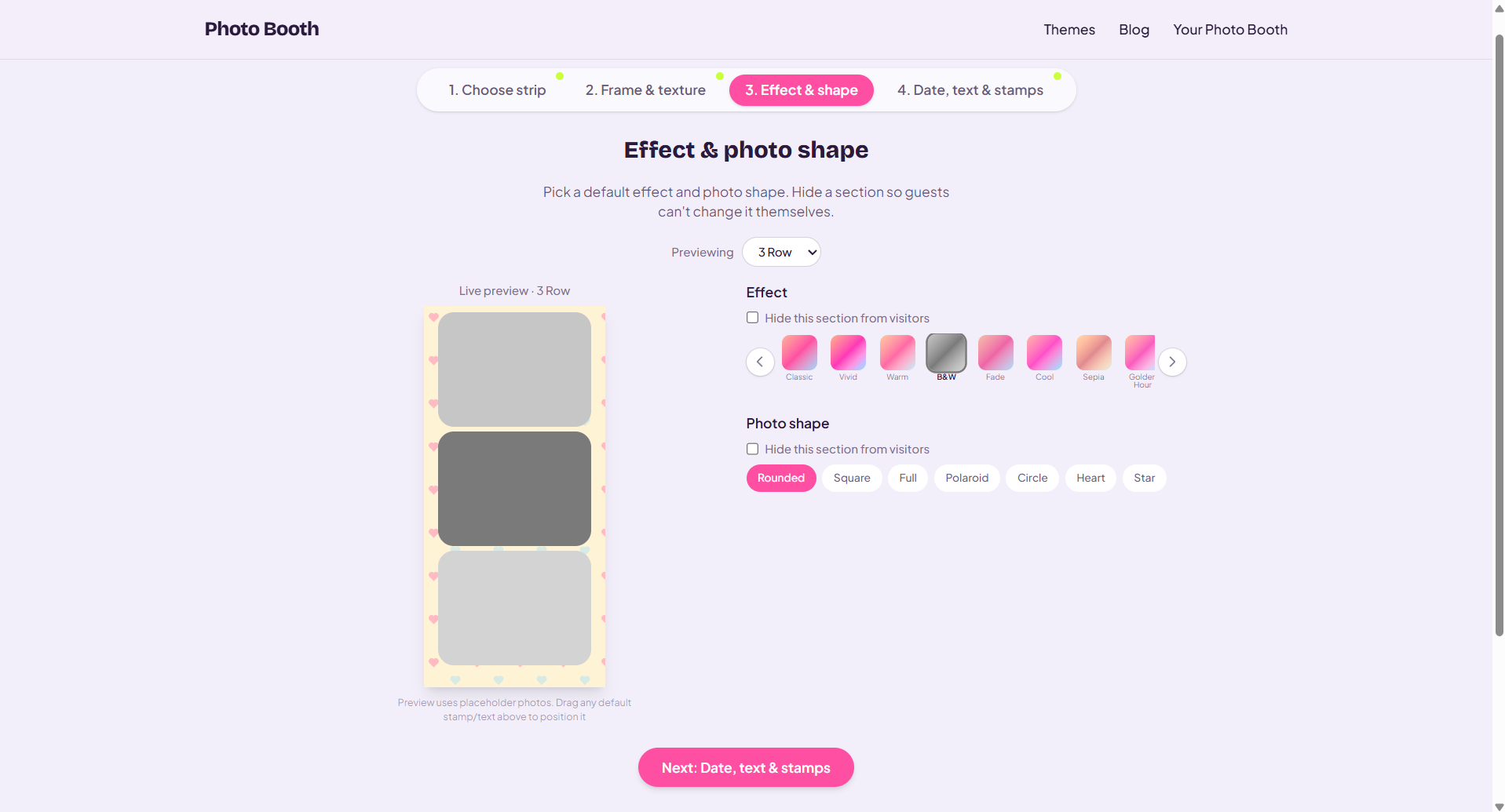 Choosing a photo filter and photo shape for a custom photo booth