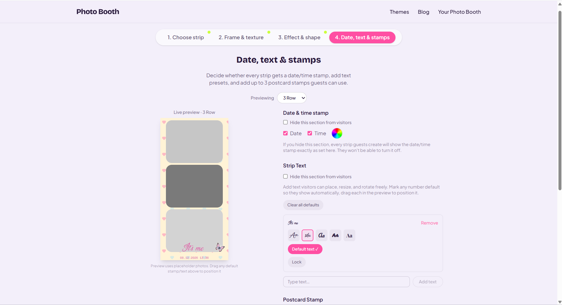 Adding a date stamp, custom text, and stamps to a photo booth strip