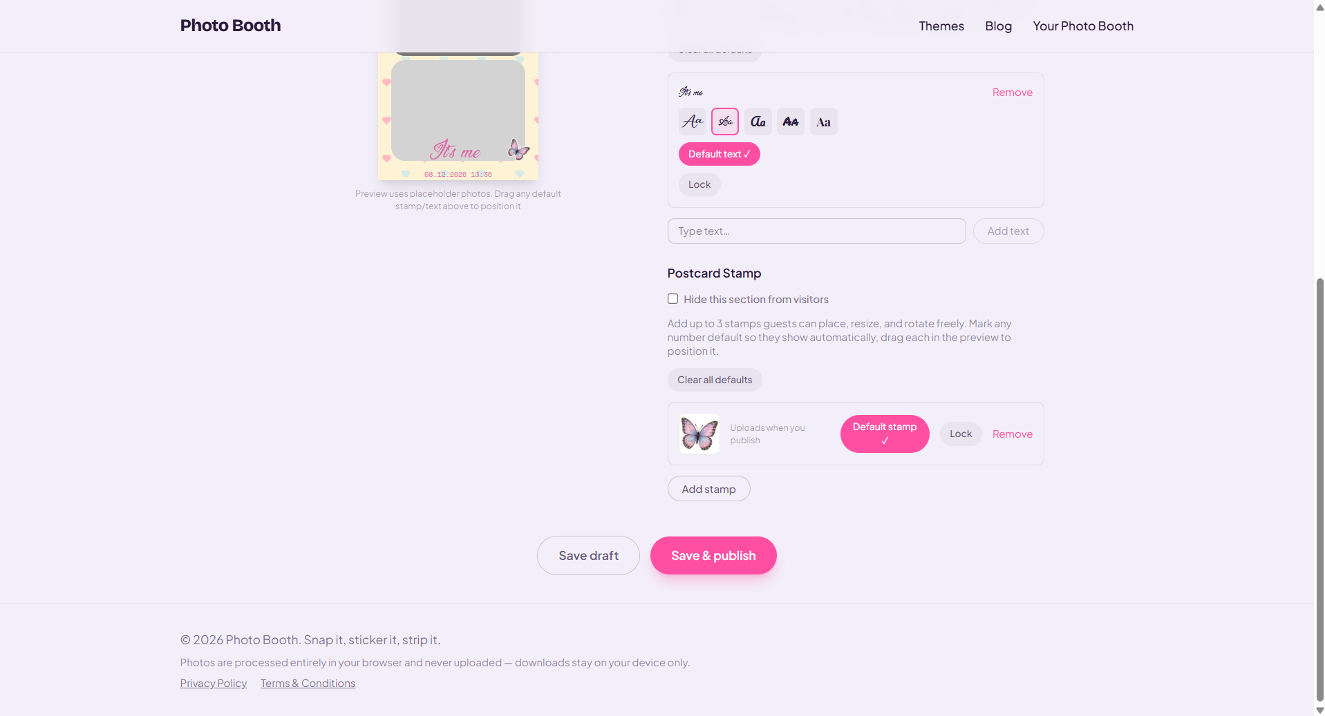 Publishing a custom photo booth and getting a shareable link and QR code